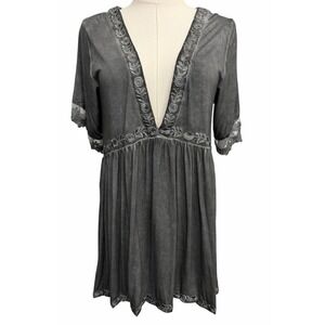 POL Babydoll Top Dress‎ M Gray Coquette Velvet Floral Trim Indie Fairy Grunge